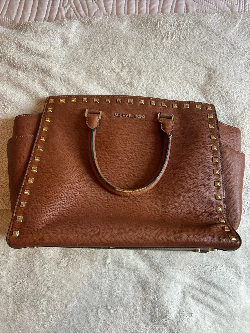 MICHAEL KORS Chestnut Brown Leather Satchel with Gold Studs